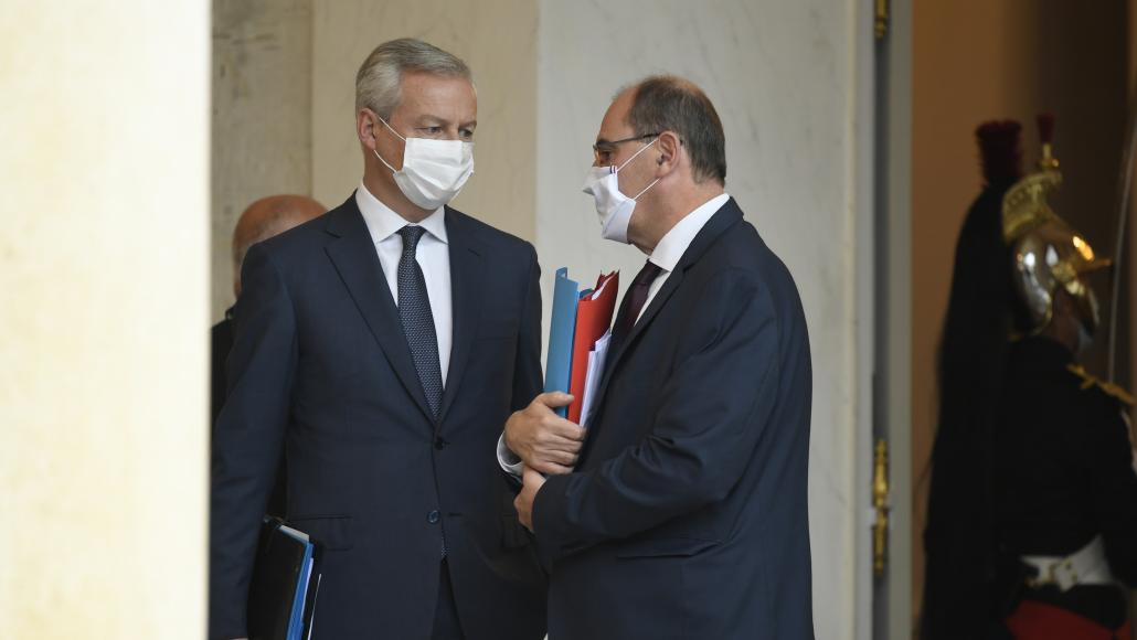 Bruno Le Maire et Jean Castex à l'issue du conseil des ministres du 28 septembre 2020 (Bertrand GUAY/AFP) Bruno Le Maire et Jean Castex à l'issue du conseil des ministres du 28 septembre 2020 (Bertrand GUAY/AFP)