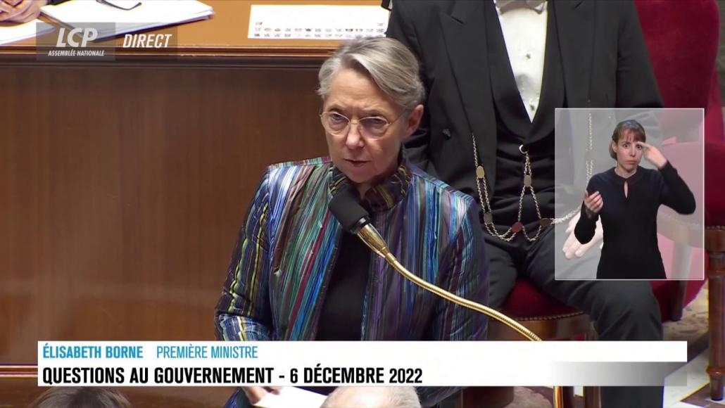 Elisabeth Borne à l'Assemblée nationale, le 6 décembre 2022. LCP