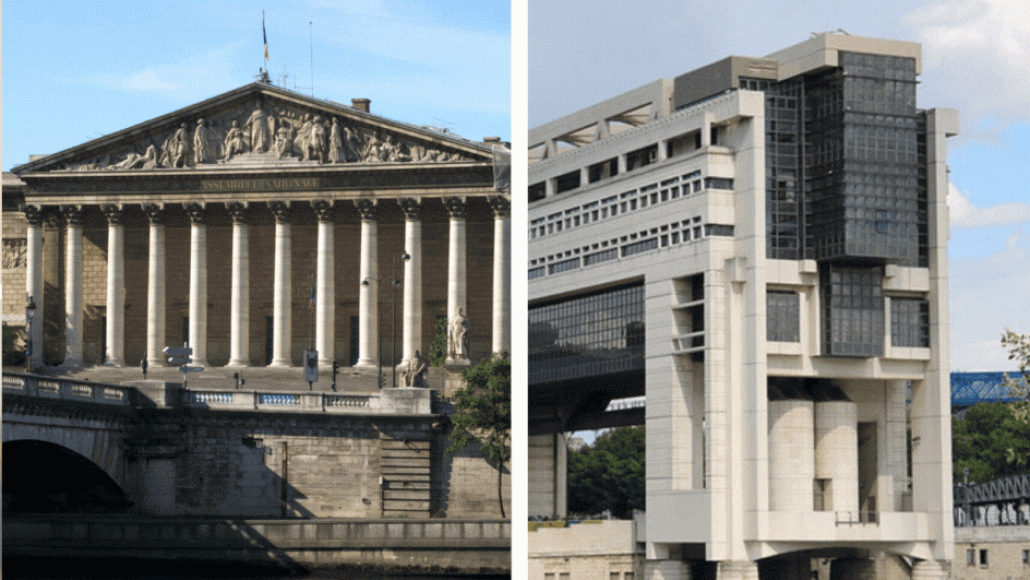 Montage photo de l'Assemblée nationale (à gauche) et du Ministère de l'Economie et des Finances (à droite). Crédits photo : Wikipédia (licence Creative Commons)