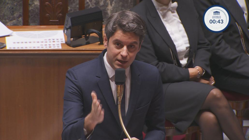 Gabriel Attal, le 19 décembre 2023 à l'Assemblée nationale. LCP Gabriel Attal, le 19 décembre 2023 à l'Assemblée nationale. LCP