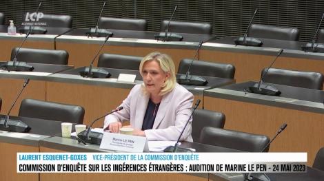 Marine Le Pen lors de son audition à l'Assemblée nationale, mercredi 24 mai 2023